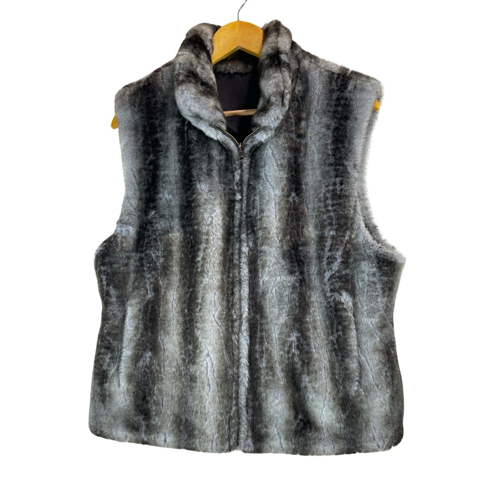 Blassport Grey Black Striped Faux Fur Full Zip Vest Womens L Old Money Luxe Chic